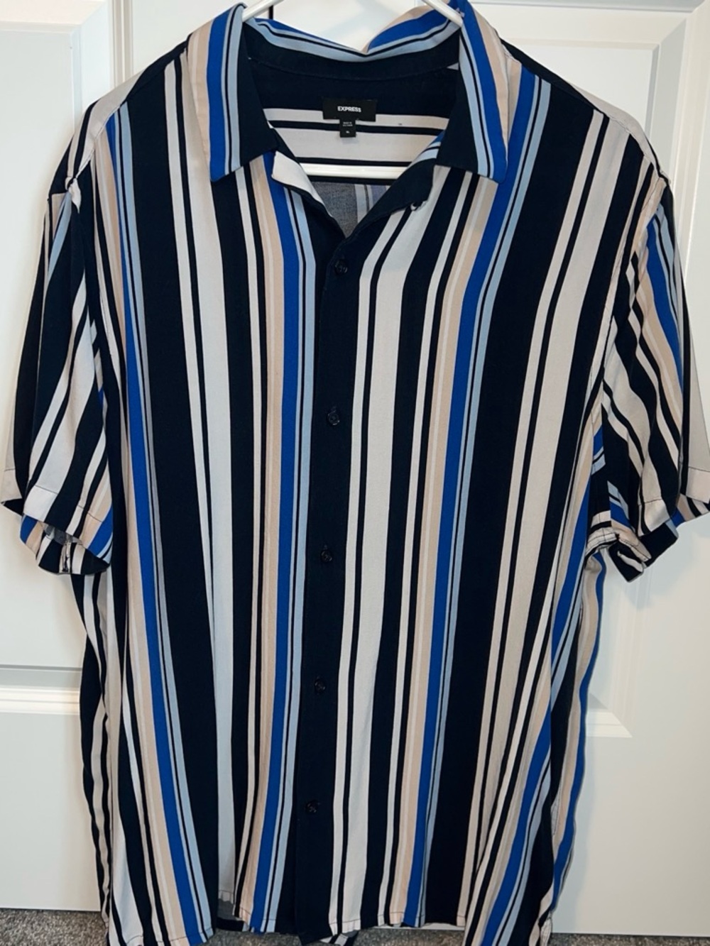 Express Men’s Black, Blue & White Vertical Stripe Short Sleeve Shirt
